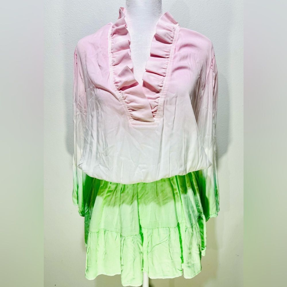 Crown & Ivy Shirt pink green romantic Flare chic Sleeve Ruffle women’s 3X